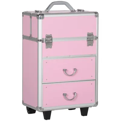 HOMCOM Husă pentru Călătorii de Machiaj, Cărucior Mare de Depozitare pentru Produse Cosmetice, 37x23x59 cm, Roz | Aosom Romania