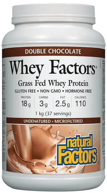 Whey Factors Grass Fed Whey Protein, ciocolată dublă, 1 kg, Natural Factors