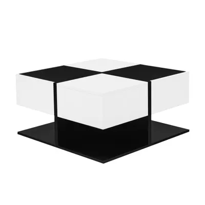 Masă de cafea cu 2 sertare, masă pătrată de living cu spațiu de depozitare, 70x70x35,5 cm, Negru+Alb