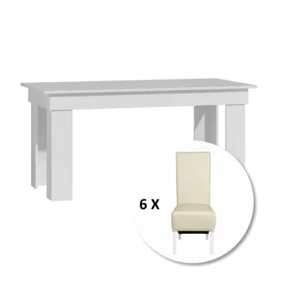 Set masa MONTILLA dreptunghiulara cu 6 scaune VANESSA, alb + piele ecologica crem, 160x80x75 cm