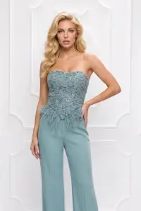 Corset mint din tafta prevazut cu pene si broderie