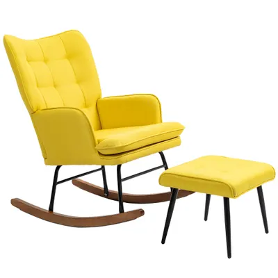 HOMCOM Scaun Fâșnâit cu Taburet Design Scandinav, Scaun Fâșnâit cu Taburet, Lemn de Fag, Captuseala, 64 cm x 89 cm x 90 cm Galben | Aosom Romania