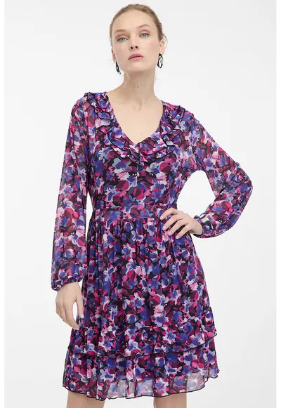 Rochie cu maneci lungi si imprimeu - Violet/Albastru