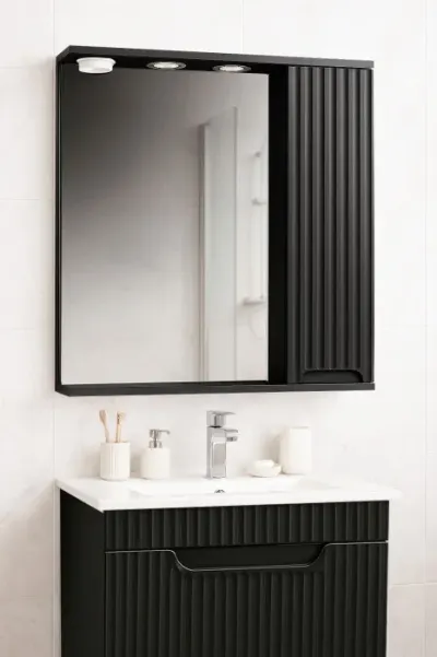 Dulap baie suspendat seria 033 cu oglinda, front MDF, montat, negru, 60x71 cm