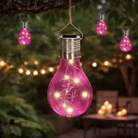 Lampă solară în formă de bec roz transparent, LED, pentru grădină, terasă și exterior