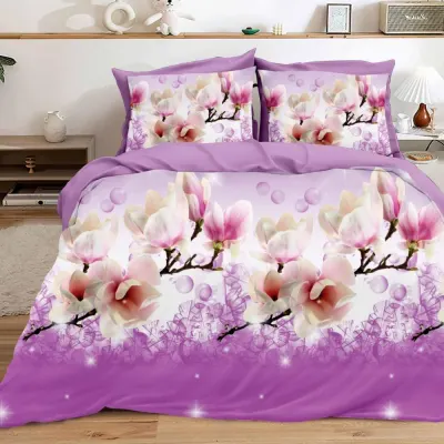 Lenjerie pat dublu imprimeu 3D - 3 Bucati 219 Lei - Mov magnolii