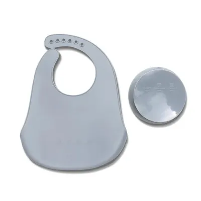 Set de hranire din silicon natural, contine bol cu vacuum si baveta, 6 luni+, Grey