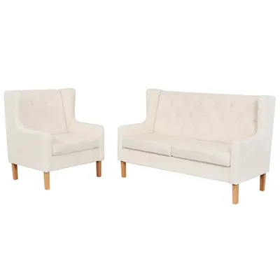 vidaXL Set canapea, 2 piese, textil, Alb crem
