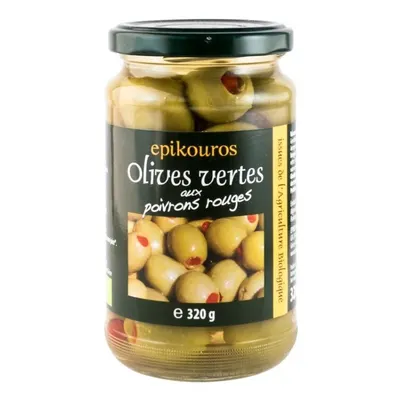 Masline Verzi BIO Umplute cu Ardei, in Saramura 320 g, Epikouros