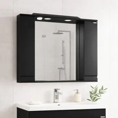 Dulap baie suspendat seria 786 cu oglinda, front MDF, montat, negru, 80x71 cm