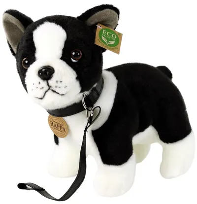 Jucărie de pluș Rappa Eco Friends - Câine Boston Terrier cu lesă, 23 cm