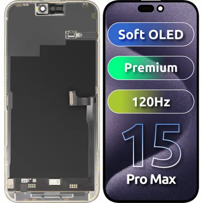Display cu Touchscreen MP compatibil cu Apple iPhone 15 Pro Max, cu Rama, Versiune Premium Soft OLED FHD 120Hz, Negru