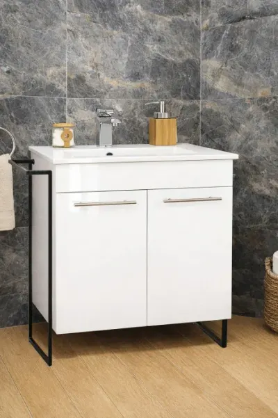 Set Baza front MDF si Lavoar seria 054, cadru metalic, montata, 70 cm, alb
