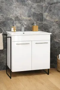 Set Baza front MDF si Lavoar seria 054, cadru metalic, montata, 70 cm, alb