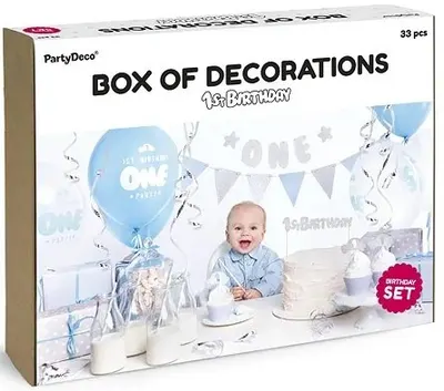 Set decoratiuni petrecere First Birthday cu 33 elemente Albastru Argintiu