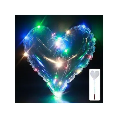 Balon cu LED multicolor, diametru 40 cm, forma inimioara, suport tip bat