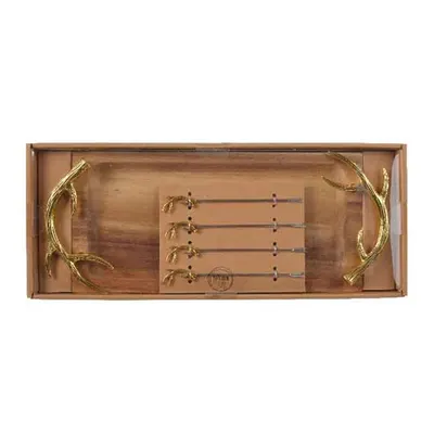 Tava - Acacia Tray with Antler Handle - Natural and Gold