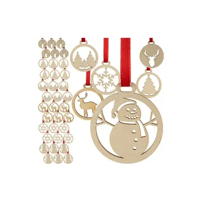 Set 36 decoratiuni pentru bradul de Craciun, 6 modele diferite, diametru 5.5 cm, lemn si panglica