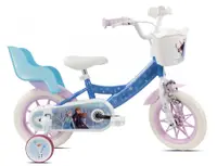 Bicicleta pentru copii Denver Disney Frozen 12 inch, frana de mana pe ambele roti, clopotel, roti ajutatoare detasabile, suport pentru papusi, cosulet transport pe ghidon