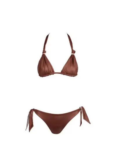 costum in doua piese reversibil cu sutien triunghilar si slip legat pe lateral - Maro