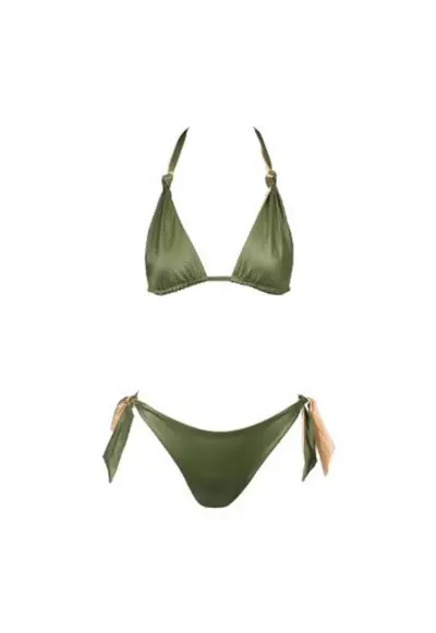 costum in doua piese reversibil cu sutien triunghilar si slip legat pe lateral - Verde