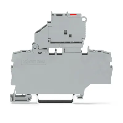 2-conductor fuse terminal block; with pivoting fuse holder; with additional jumper position; for 5 x 20 mm miniature metric fuse; with blown fuse indication by LED; 12 - 30 V; for DIN-rail 35 x 15 and 35 x 7.5; 2.5 mm²; Push-in CAGE CLAMP®; 2,50 mm²; gra