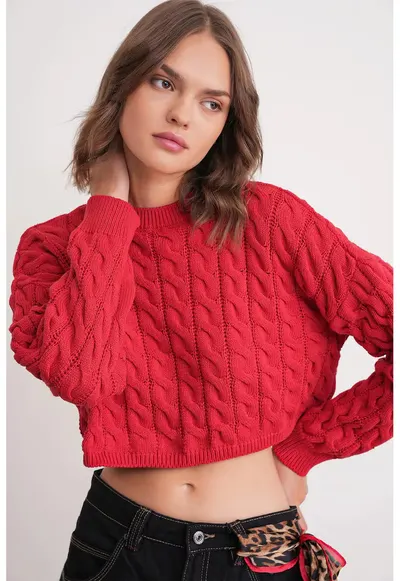 Pulover dama - Guler rotund - Tricot - Rosu