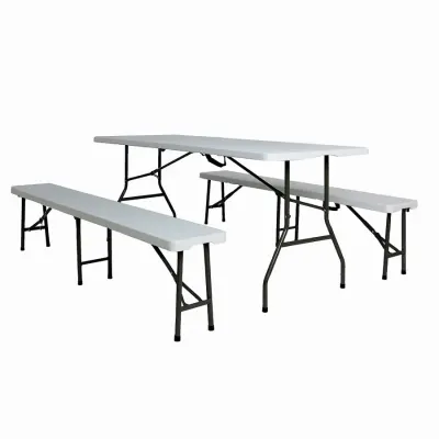 Set masa pliabila 4 persoane din otel cu HDPE 180x70x74 cm + doua banci pliabile din otel si HDPE 183x28x43cm, MESTERINO FURNITURE KJC2061-SET, culoare alba