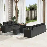 Set canapea gradina Gossi 10 piese cu pernute negru ratan poliester, set dining gradina Gossi 3 piese cu pernute negru ratan poliester