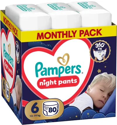 Scutece - chiloțel Pampers - Night Pants, mărimea 6, 13-19 kg, 80 buc