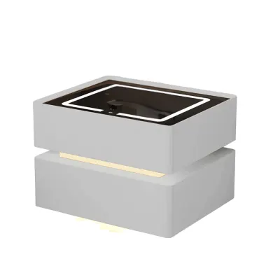 Noptiera inteligenta cu incarcare wireless, iluminare LED, 2 sertare de depozitare &ndash; alba, design modern din sticla si lemn