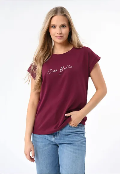Tricou dama din bumbac cu inscriptie - Comfort Fit - maneci scurti - T-Cia - roz