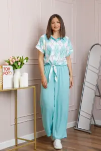 Compleu dama turcoaz deschis cu pantaloni largi si bluza cu nod Candice