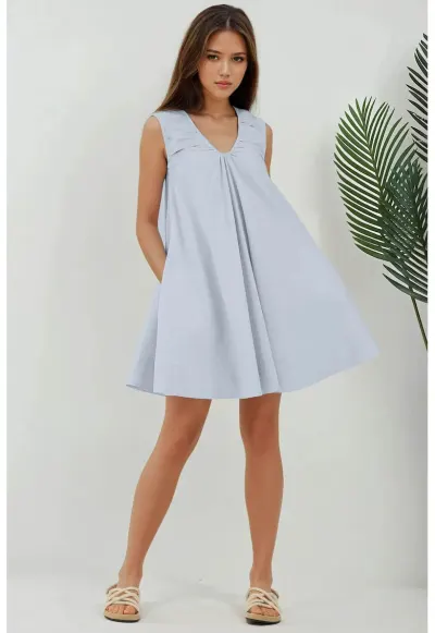 Rochie mini - guler in U - albastra - textil