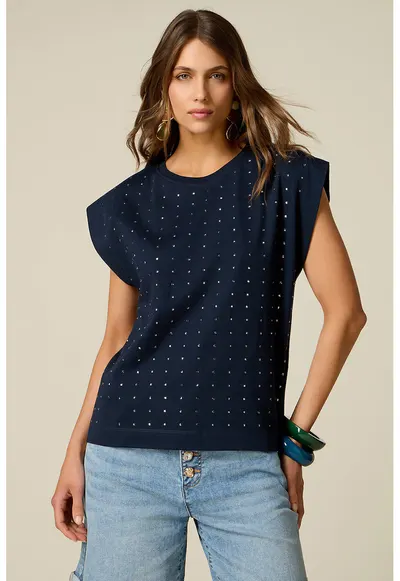 Tricou din bumbac cu aplicatii din strasuri - Bleumarin