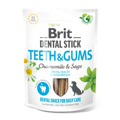 BRIT Dental Stick Teeth & Gums Mușetel și Salvie, XS-XL, punguță recompense funcționale câini, sensibilități dentare, 120g