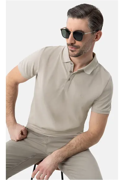 Tricou polo barbati din bumbac - Regular Fit - uni - O-Chase - bej - Bej