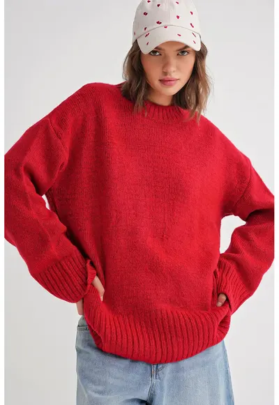 Pulover dama - supradimensionat - rosu - textil - One Size
