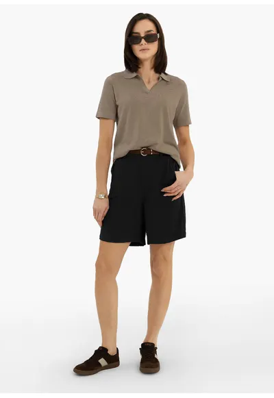 Pantaloni scurti dama din amestec de viscoza si in - cu cordon - croiala lejera - buzunare frontale - P-Elys - negru - Negru