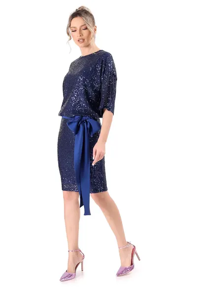 Rochie de cocktail din paiete cu cordon din satin in talie RMG-TQB - Bleumarin