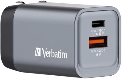 Încărcător Verbatim - GNC-35 GaN 2 Port, USB-A/C, 35W, gri