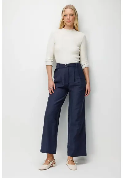 Pantaloni dama - talie inalta - croiala larga - bleumarin - poliester