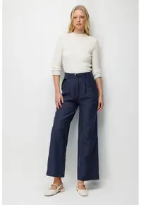 Pantaloni dama - talie inalta - croiala larga - bleumarin - poliester