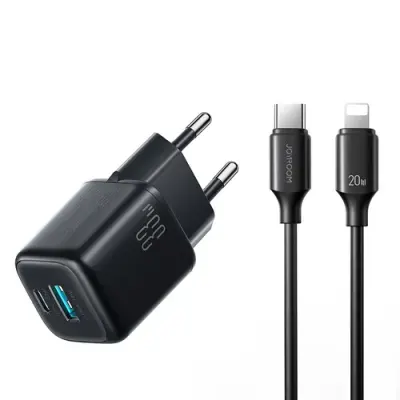 Incarcator retea Joyroom JR-TG7, 33W, 3A, 1xUSB-C, 1xUSB-A, Cablu UBS-C la Lightning 33W, 1m inclus, Negru