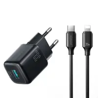 Incarcator retea Joyroom JR-TG7, 33W, 3A, 1xUSB-C, 1xUSB-A, Cablu UBS-C la Lightning 33W, 1m inclus, Negru