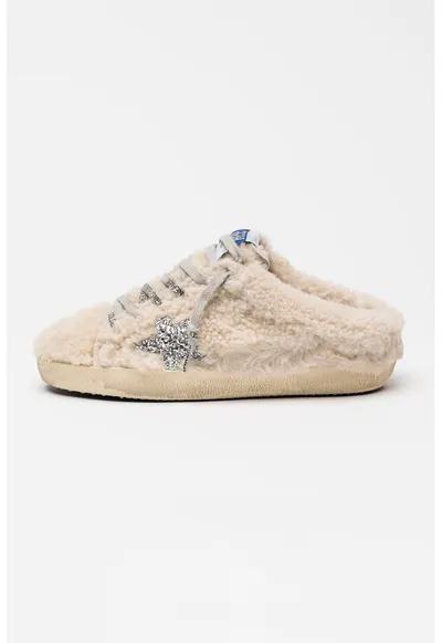 Saboti din blana shearling Super Star cu aplicatie cu stea stralucitoare - Crem