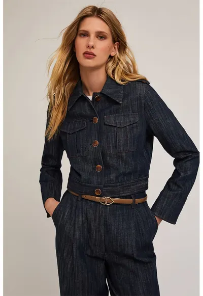 Jacheta din denim crop cu nasturi - Bleumarin