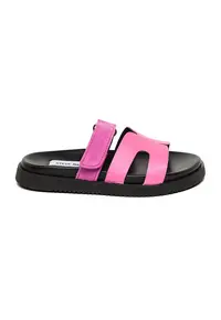 Pantofi de piele intoarsa si piele ecologica cu bareta velcro - Fucsia
