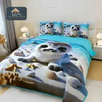 Cuvertura Matlasata, Bumbac Finet, cu Imprimeu 5D, 220x240cm + 2 fete de perna 50x70cm, Bleu, Gri, Foca