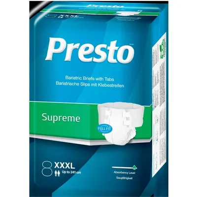 Scutece Adulti Presto Supreme XXXL, 198 - 240 cm, 8 Bucati